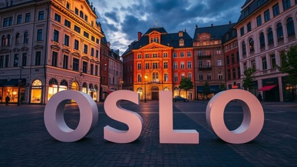 Vibrant Oslo city square at twilight with 'OSLO' text overlay.