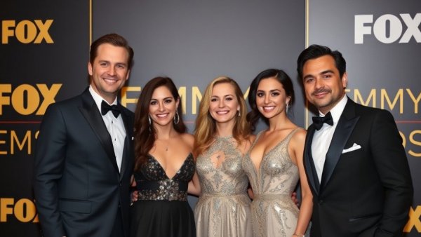 Group posing at an awards event, formal attire, in front of FOX EMMYS backdrop.