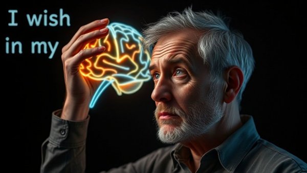 Stop dementia before it starts; middle-aged man with holographic brain visualization.