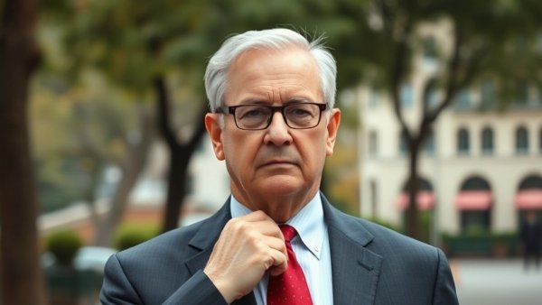 Older man adjusting tie outdoors in a formal setting
