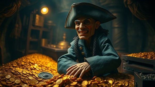 Pirates of the Caribbean Disneyland ride animatronic surrounded by treasure.