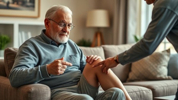 Older man experiencing knee pain, solution pointer