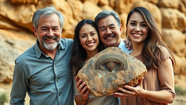 Family displays rare 1.8 million-year-old fossil in outdoor setting.