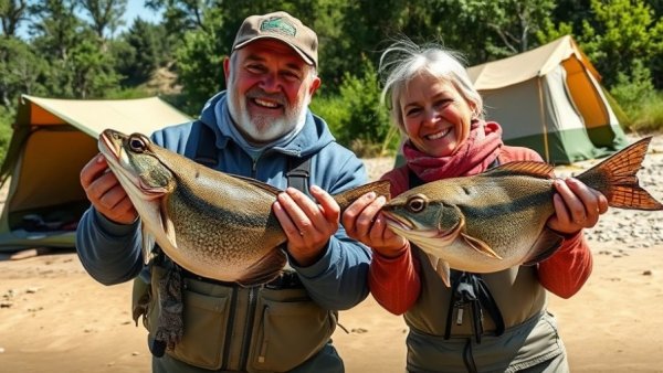 Campers fishing on the Chafalaya River, holding fish and frogs.