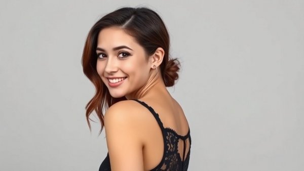 Smiling woman in black lace top looking back over shoulder.