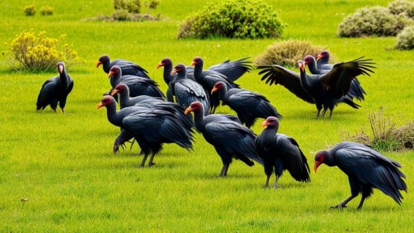 Black vulture populations in Louisiana foraging in a grassy area.