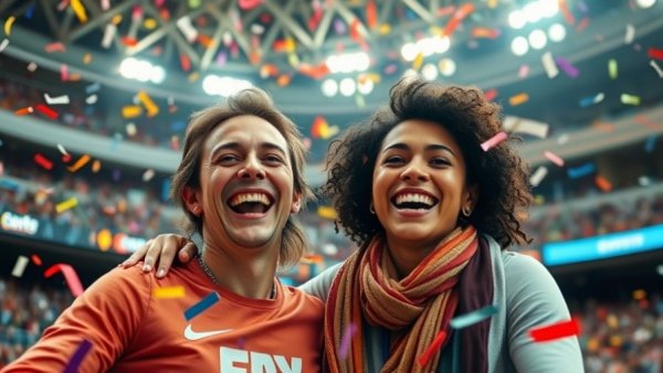 Cheerful couple celebrating in stadium with confetti
