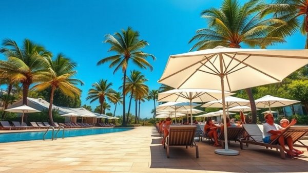 People enjoying sunbathing on poolside lounge chairs at a resort.