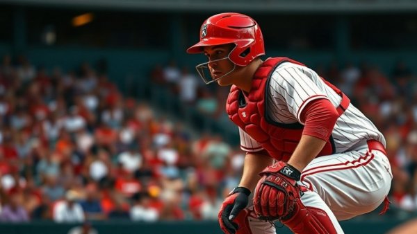 D1Baseball Freshman All-America Team catcher in red gear, crouching focus.