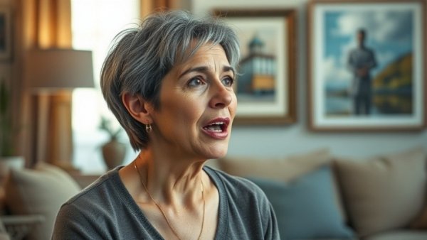 Middle-aged woman discussing what to leave children instead of wealth, indoor setting.