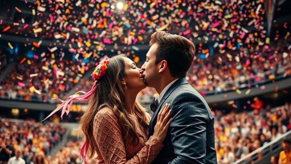 Joyful couple celebrates with a colorful kiss.