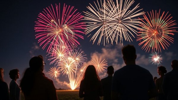 Fireworks safety for seniors: vibrant display viewed by silhouettes.