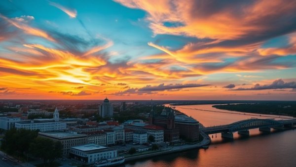 Aerial view of Savannah riverfront at sunset.