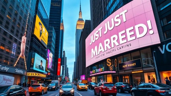 Digital sign with 'JUST&T MARRIED!' near Empire State Building