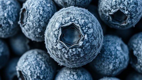 Frost-covered frozen blueberries depicting E. coli outbreak concern.