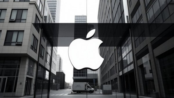 Apple logo on modern glass building related to lawsuit with OpenAI