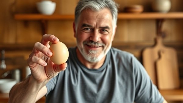 Man holding egg in kitchen, discussing eggs reduce Alzheimer's risk.