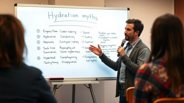 Hydration myths and facts explained on a whiteboard by a speaker.