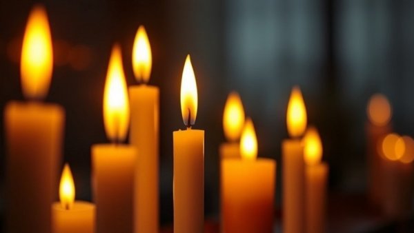 Two glowing candles symbolizing remembrance in a dark setting.