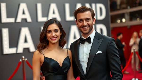 La La Land 10th anniversary poster update features stylish couple on red carpet.