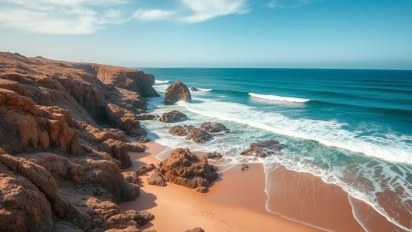 Scenic beach with cliffs, illustrating shark safety tips.