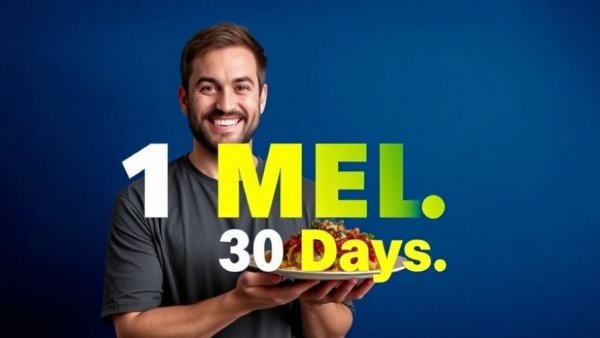 Benefits of eating one meal a day: graphic with two men and plate of food.