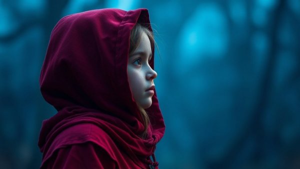 Young girl in red hood with mystical background, thoughtful gaze.