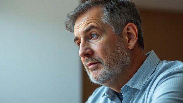 Thoughtful middle-aged man discussing preventing tartar buildup.