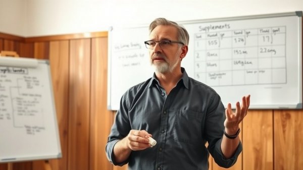 Man explaining essential supplements for seniors in front of a whiteboard.