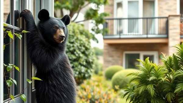 Black bear break-ins: Bear stands in a garden peering into a window.