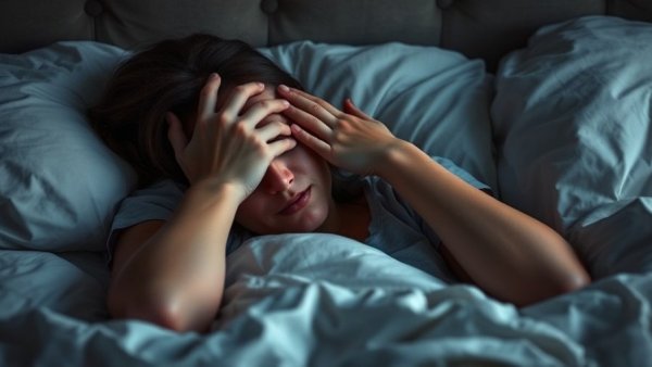 Tired woman struggling to sleep, highlighting sleep issues and weight gain.