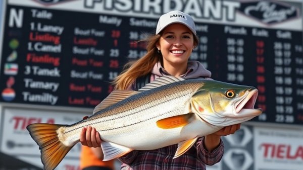 Ladies Coco Classic Fishing Rodeo participant holding fish in front of leaderboard.
