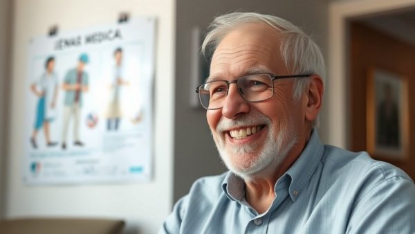 Elderly man smiling with medical poster background, related to robotic lung surgery.