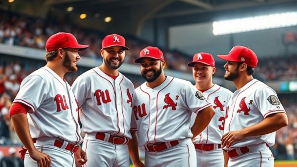 Cajuns Baseball team huddle under bright lights, fostering teamwork.