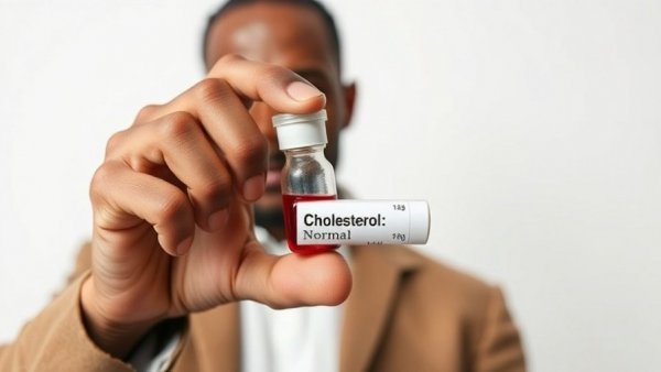 Normal Cholesterol Levels concept with man holding labeled vial.