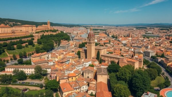 Panoramic aerial view of Girona's architecture and greenery.