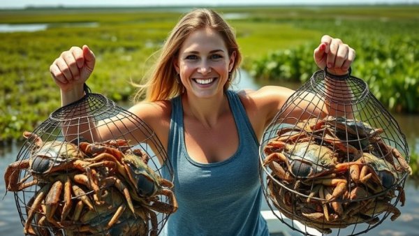 Woman catching Louisiana blue crabs in bayou