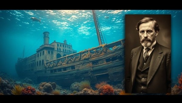 Shackleton's shipwreck Quest and historical portrait, contrasting composition.
