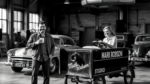 Vintage photo of couple in studio lot cart near classic cars.