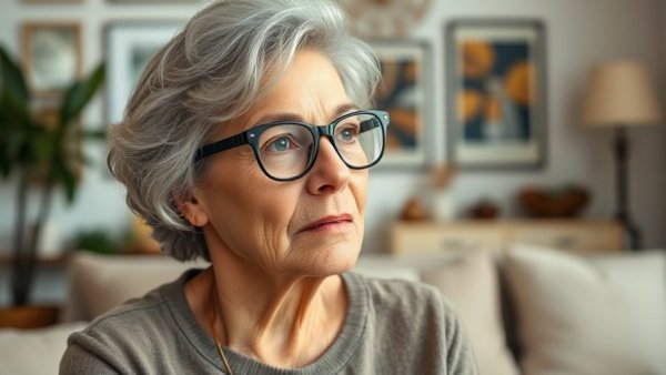 Woman discussing grief journey and personal transformation in a cozy room.