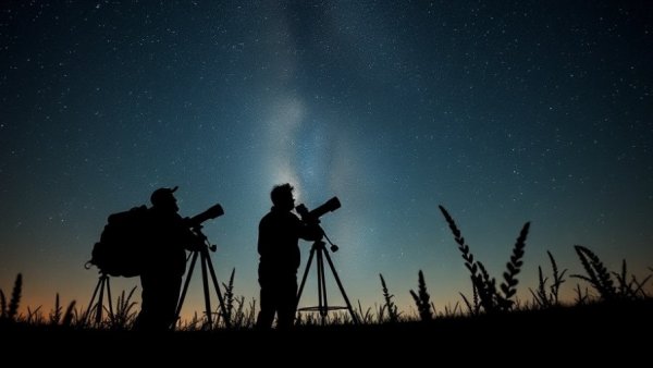 People viewing planetary parade in Louisiana with telescope under starry sky.