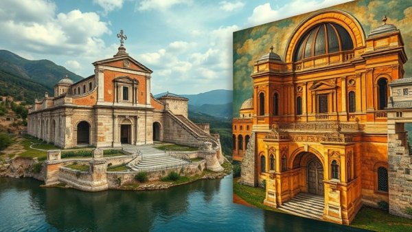 Aerial view of church ruins linked to Council of Nicaea with historic art.