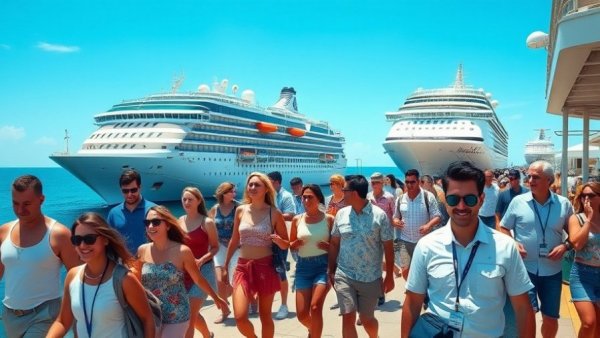 Tourists walking on dock with cruise ships in background, Cruise Fee Doubles