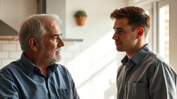 Older man and young man discussing reconciliation in a bright kitchen