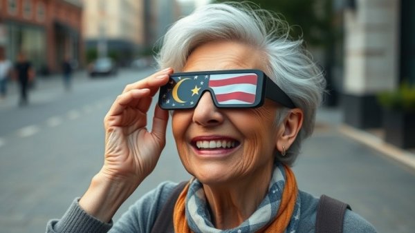 Senior woman adjusting solar eclipse viewing glasses with smile.