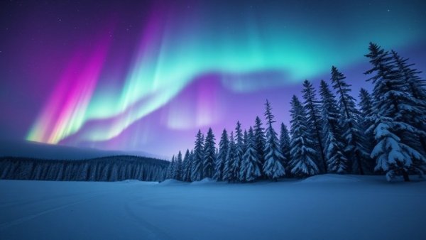 Aurora borealis over snowy Finland landscape with pine trees.
