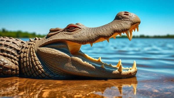 Alligator showing teeth in sunlight near water.