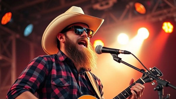 Colt Ford performs energetically on stage, wearing sunglasses and a cowboy hat.