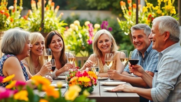 Group enjoying wine outdoors discussing health benefits compared to beer.