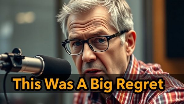 Middle-aged man sharing retirement advice in podcast studio with text overlay.